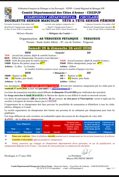 Circulaire Doublette Sénior Masculin et T a T Féminin